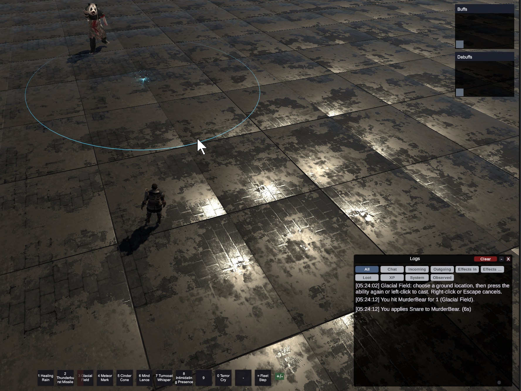 Glacial Field in the development build, with its ground area visible and combat-log entries recording damage and a six-second snare.