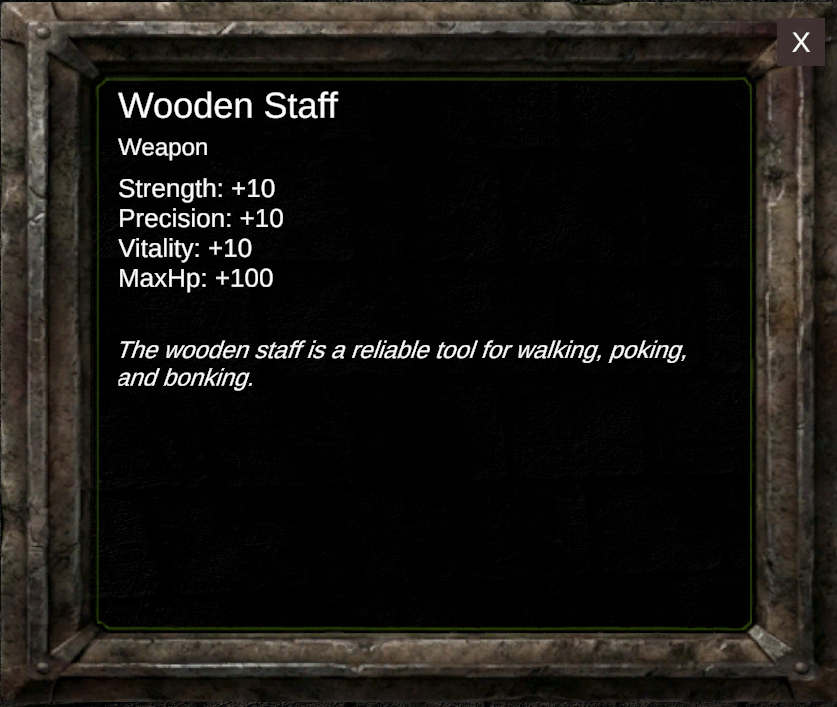 Wooden Staff item inspect showing Strength, Precision, Vitality, and Max HP bonuses
