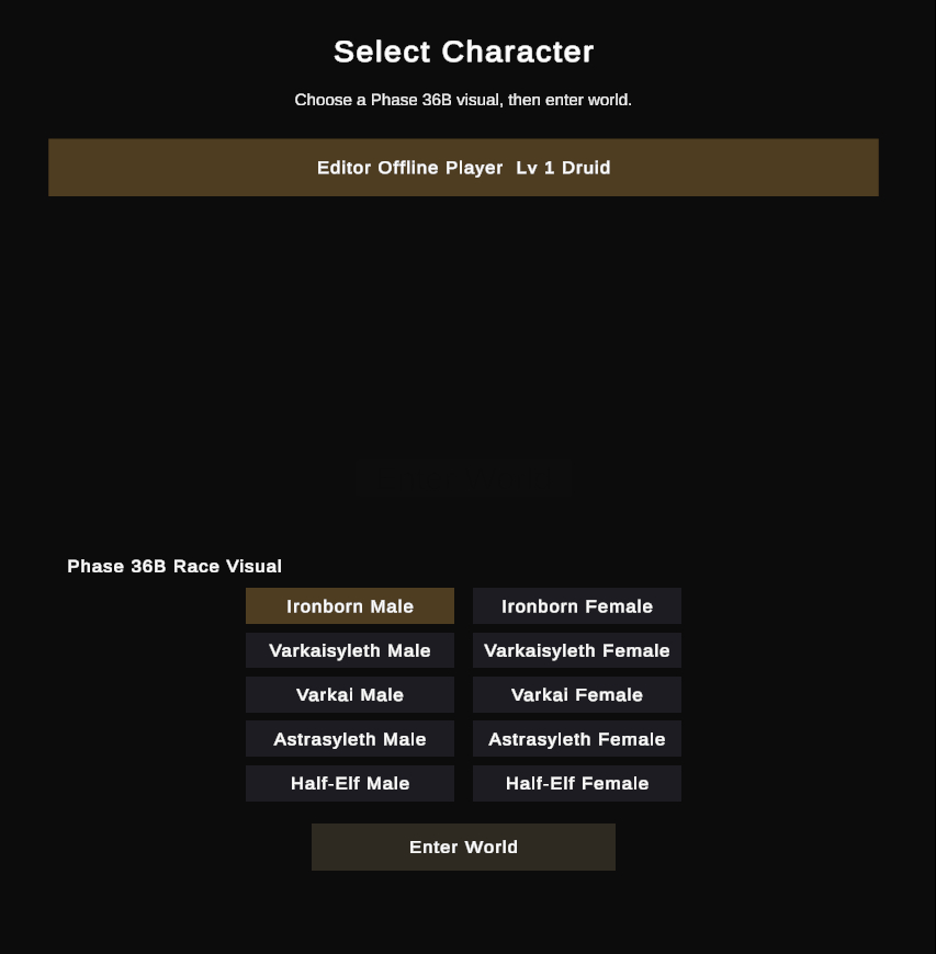 Development character-selection screen showing an offline Druid, visual preview controls, and the Enter World button.
