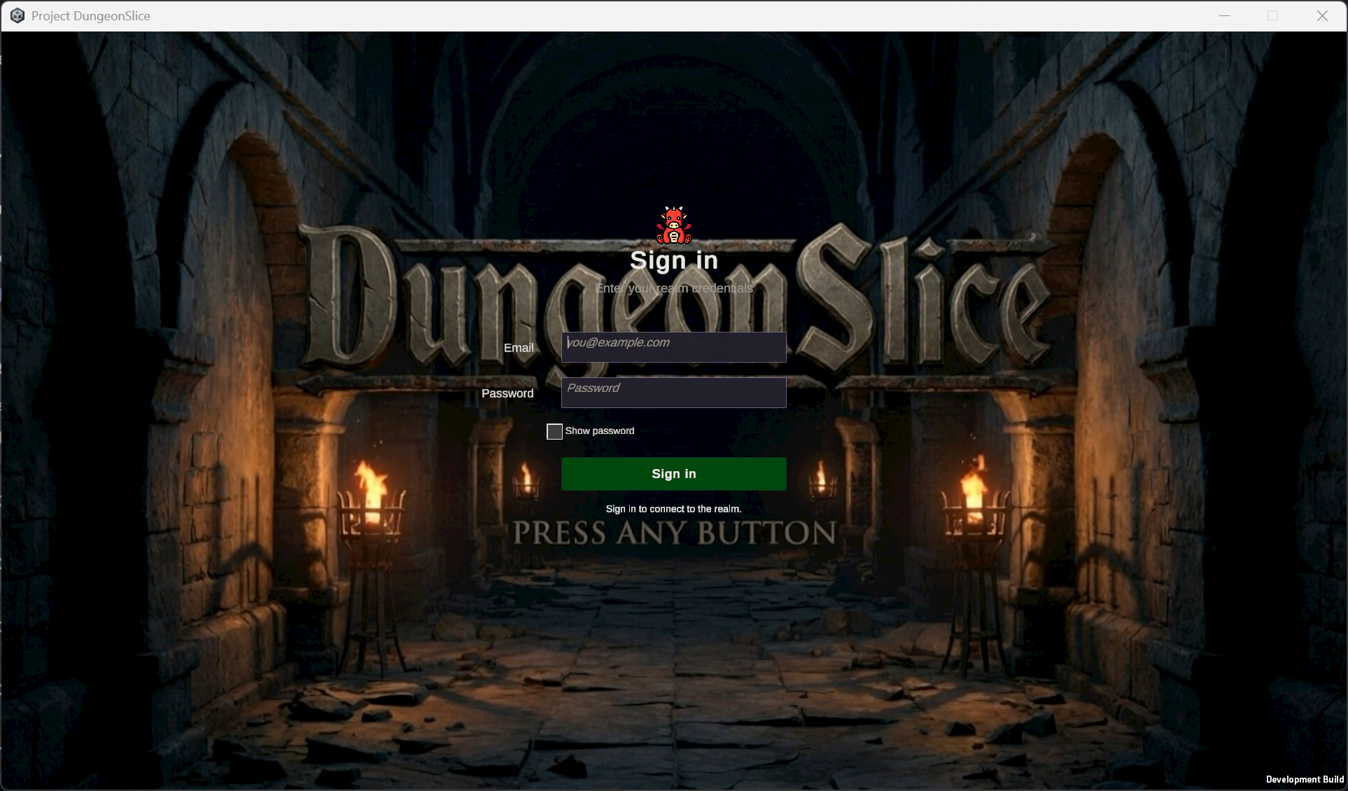 DungeonSlice development client showing the sign-in screen with email and password fields.
