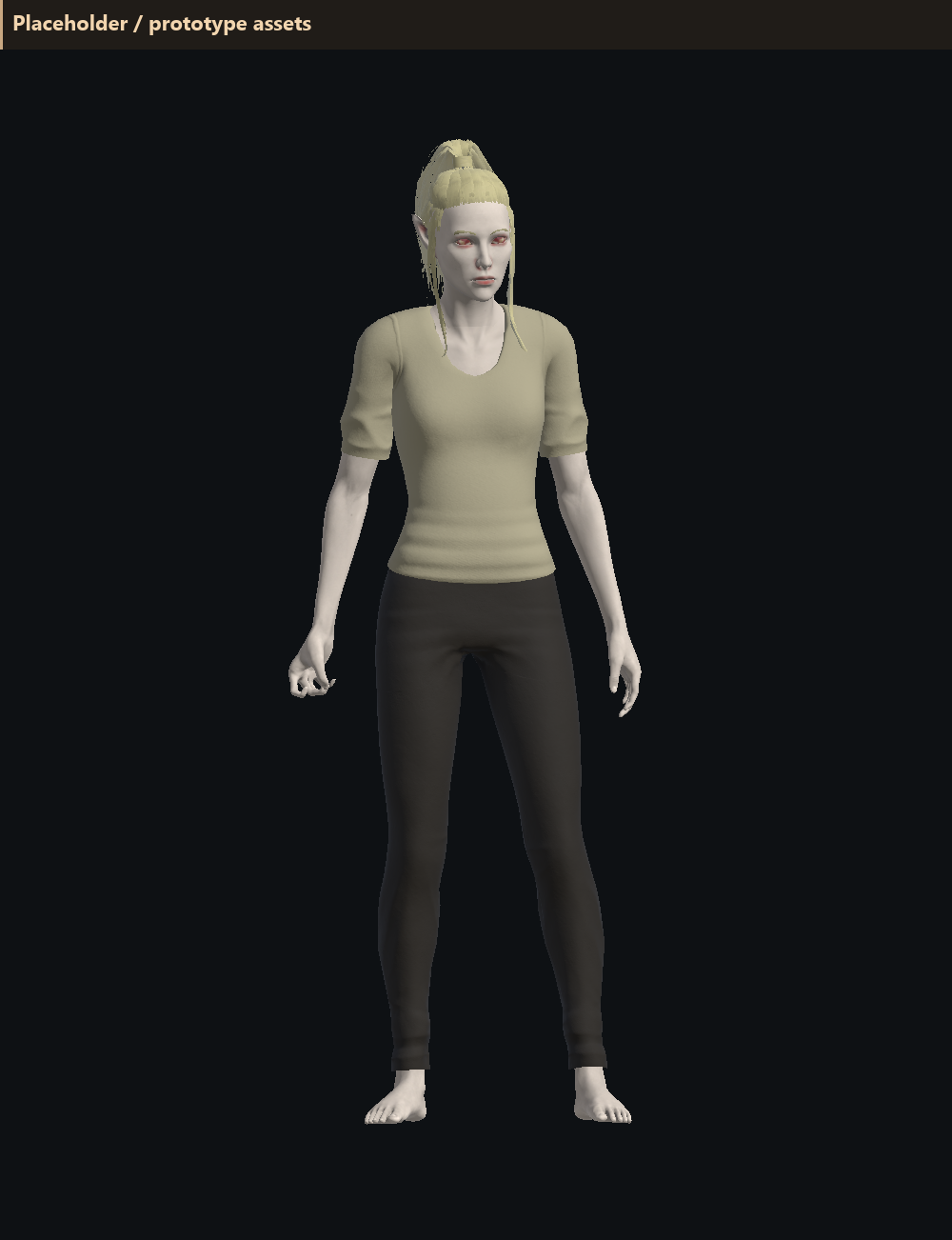 Astrasyleth female prototype player model with pale skin, pointed ears, a light ponytail, a simple shirt, and dark trousers.
