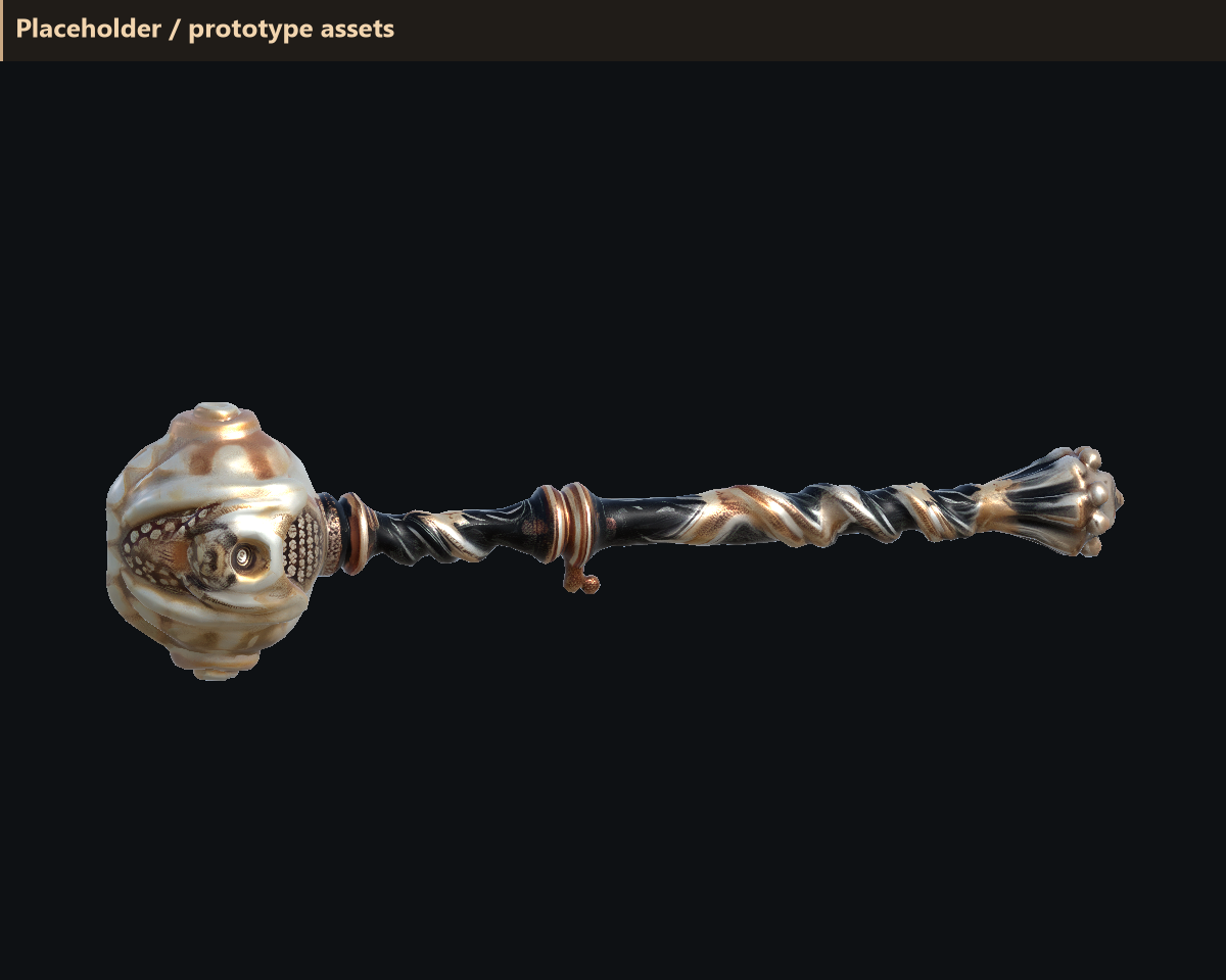 Pearlescent Maul prototype weapon, with a pale shell-like hammer head and a long dark handle with gold-colored spiral details.